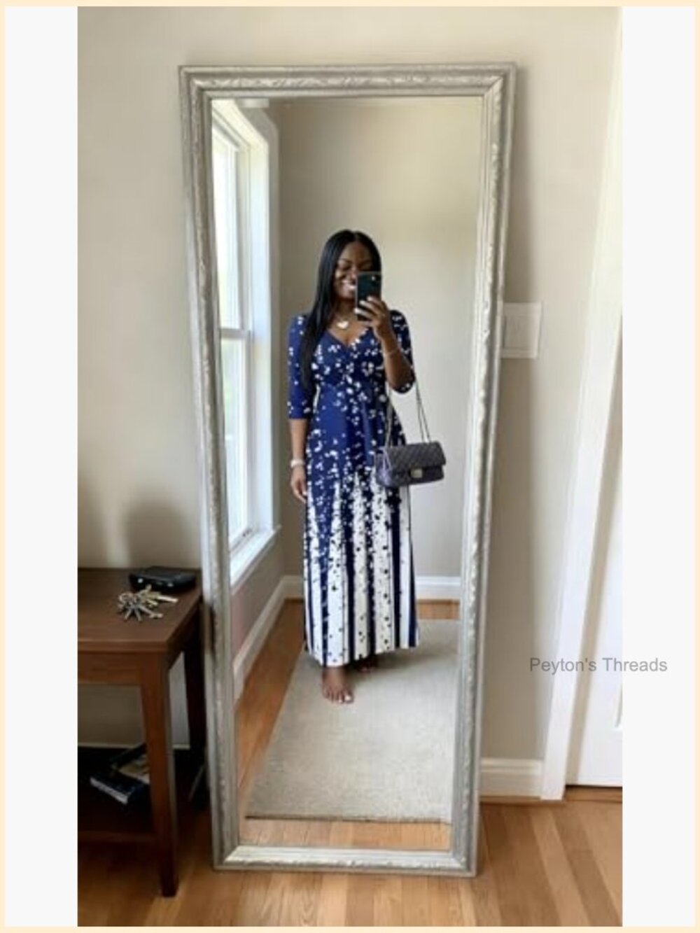 Women's V-Neck 3/4 Sleeve Maxi Dress with Tie Waist - Casual Flowy Silhouette - Picture 6 of 7
